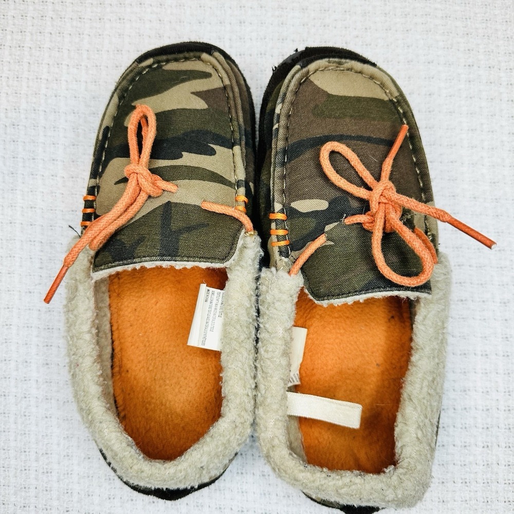Kids Camo‎ Slippers Moccasin Green Faux Fur Slippers Youth Soft Cozy Size 4/5
